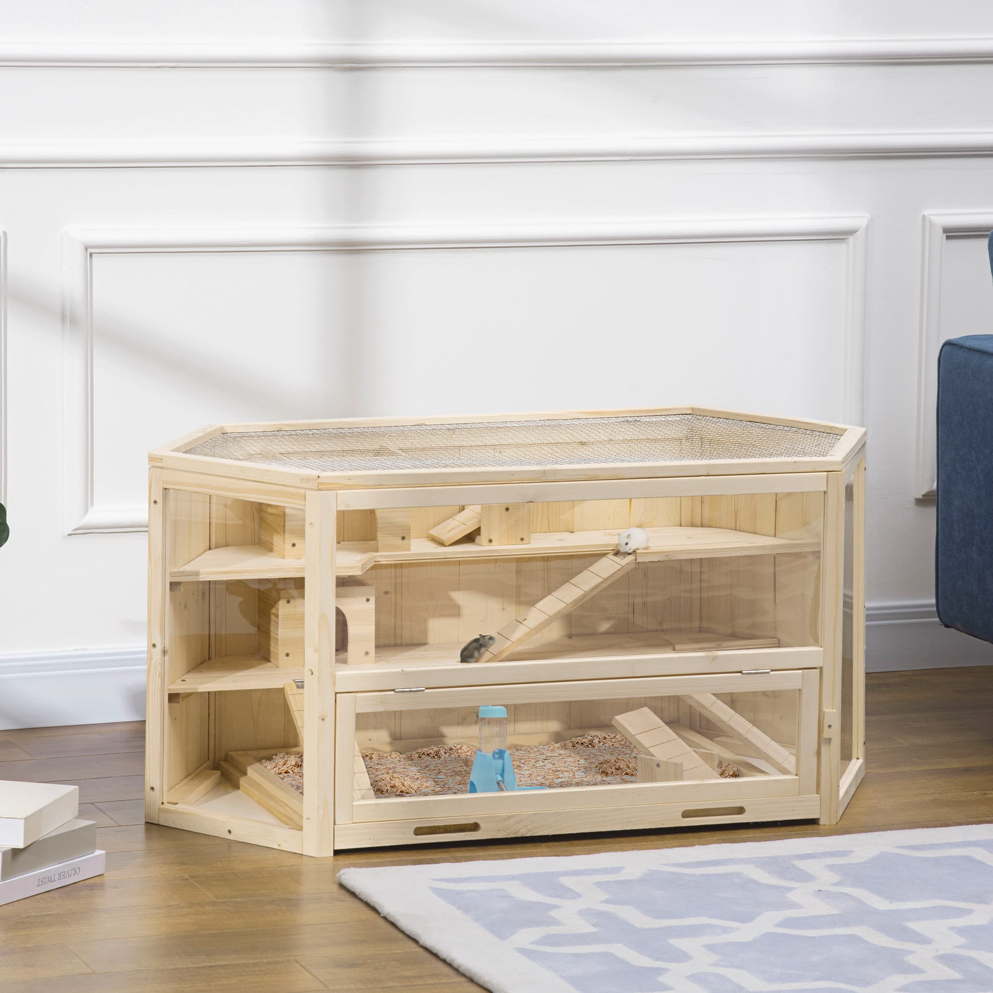  Wooden Large Hamster Cage Small Animal Exercise Play House 3 Tier with Tray, Seesaws, Water Bottle, Activity Center, Natural
