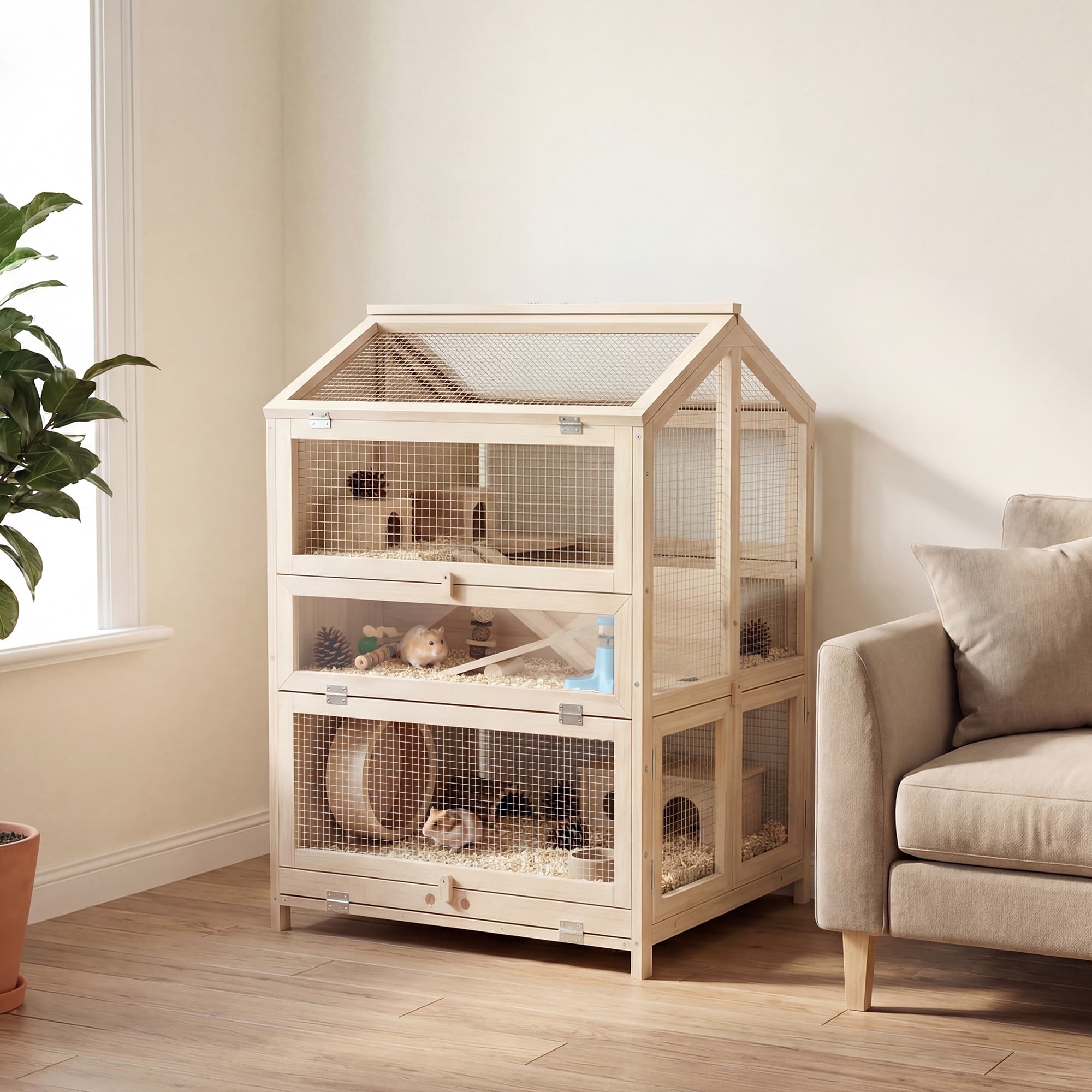  Wooden Hamster Cage, Large 3 Tier Hamster Cage w/ Pull-Out Tray, Openable Top, Hut, Seesaws, 26.8"L x 24.2"W x 35.4"H