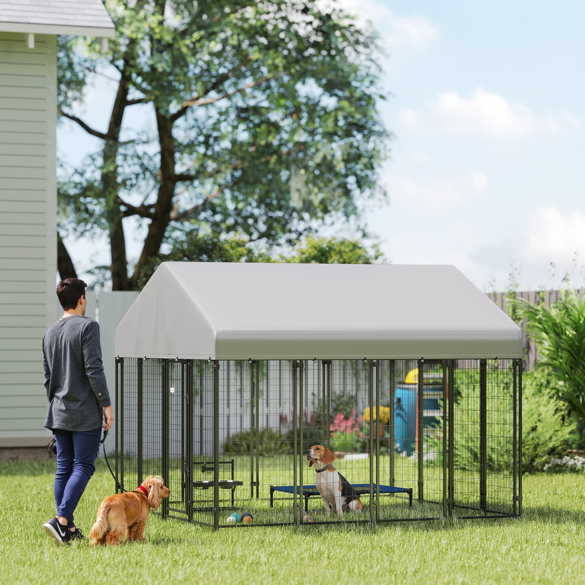  Outdoor Dog Kennel with Roof, 8' x 8' x 6' Heavy Duty Welded Wire Dog Playpen Enclosure with Escape-proof Lock