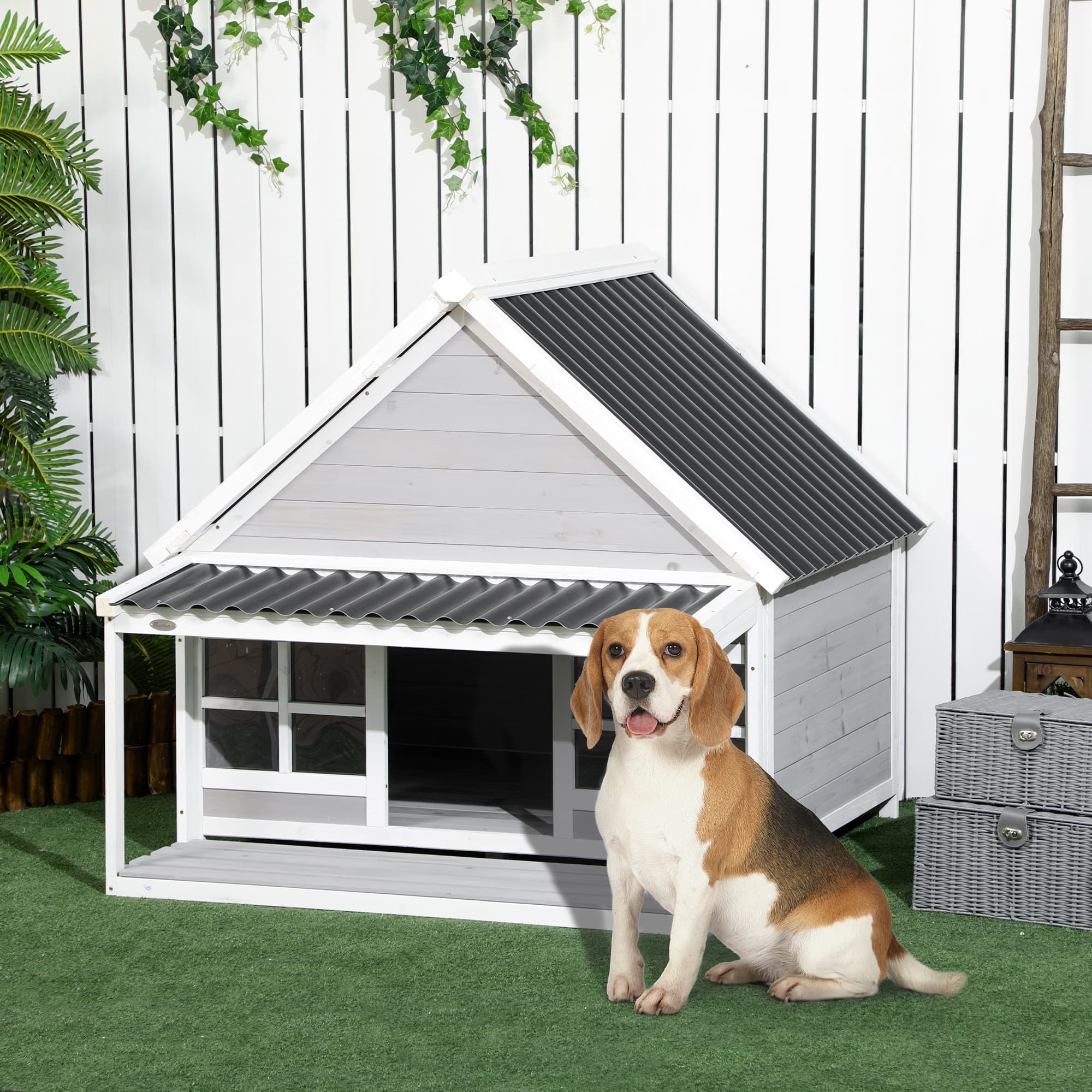 Wooden Dog House with Porch, Dog House Outdoor with Tilt Roof, Front Door, Windows for Medium Large Sized Dog