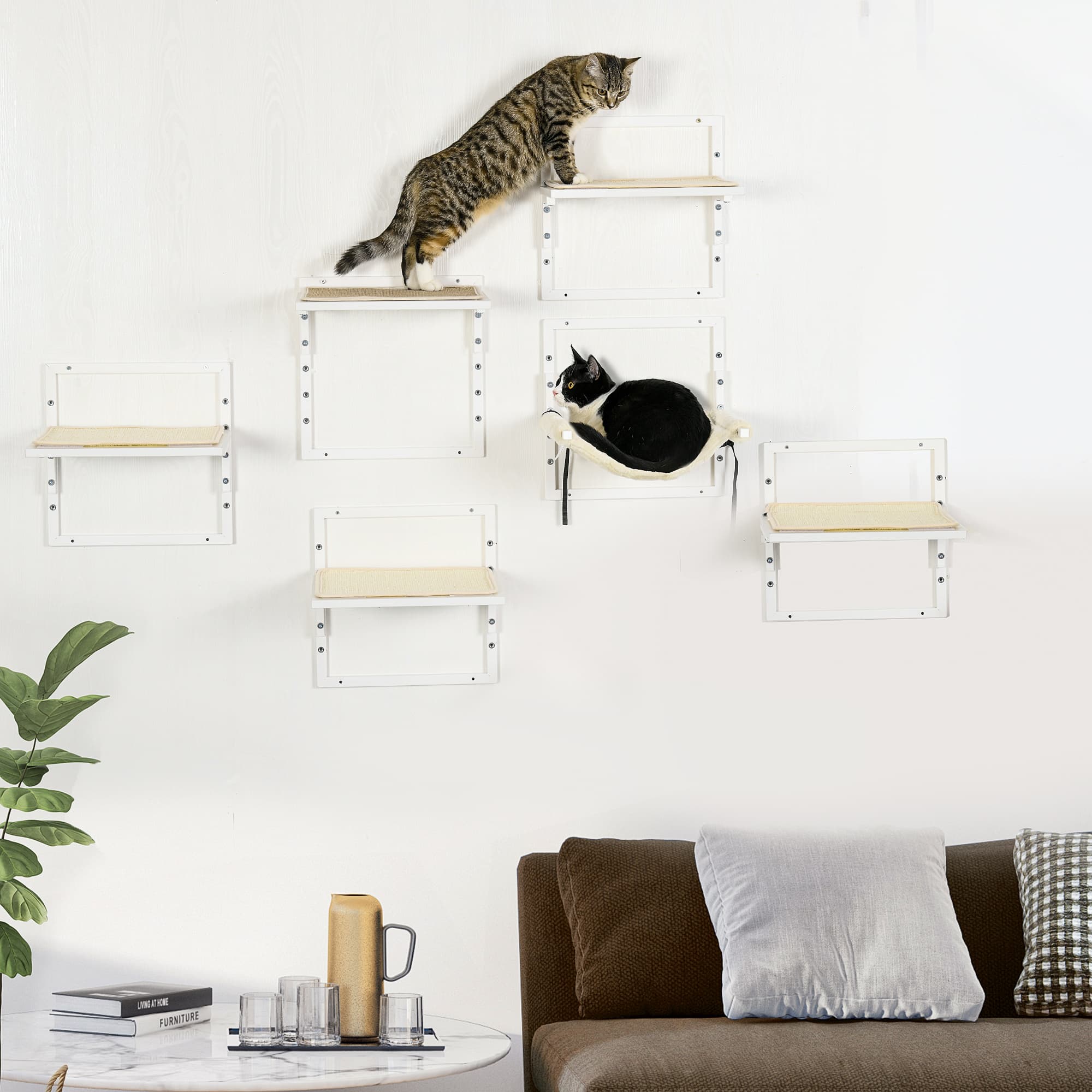  Cat Shelves for Indoor Cats, 6Pc Modern Cat Wall Furniture with Adjustable Height Jumping Platforms & Hammock, Cream White
