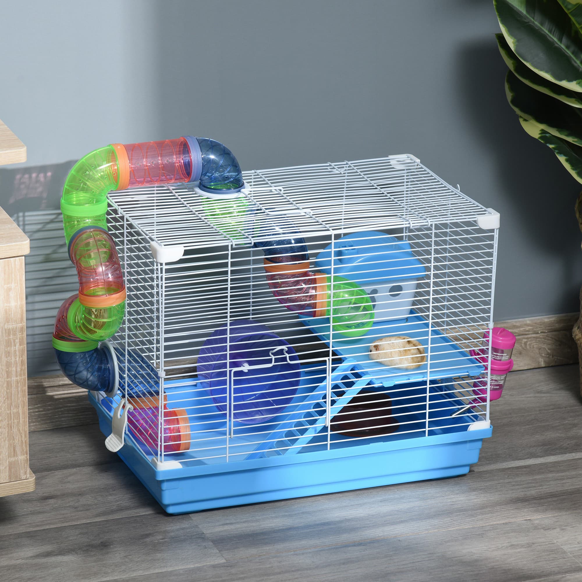 2-Level Hamster Cage Rodent Gerbil House Mouse Mice Rat Habitat Metal Wire with Exercise Wheel, Play Tubes, Water Bottle, Food Dishes, & Interior Ladder