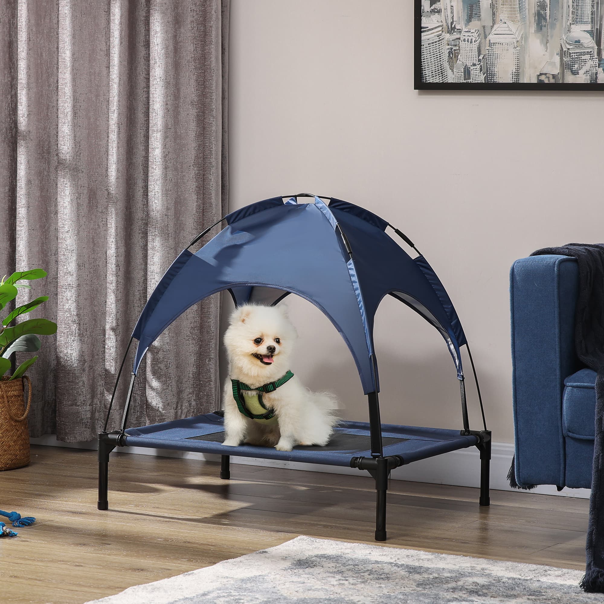  Elevated Portable Dog Cot Pet Bed with UV Protection Canopy Shade, 30 inch, Dark Blue