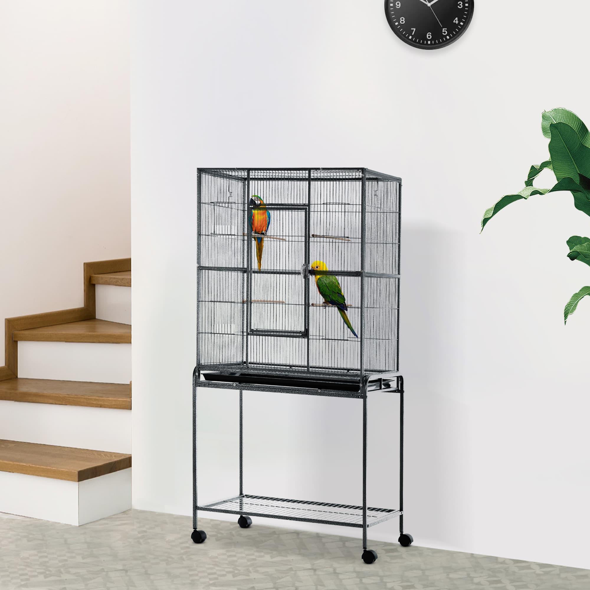  30" Rolling Metal Bird Cage Feeder with Detachable Rolling Stand, Storage Shelf, Wood Perch & Food Container