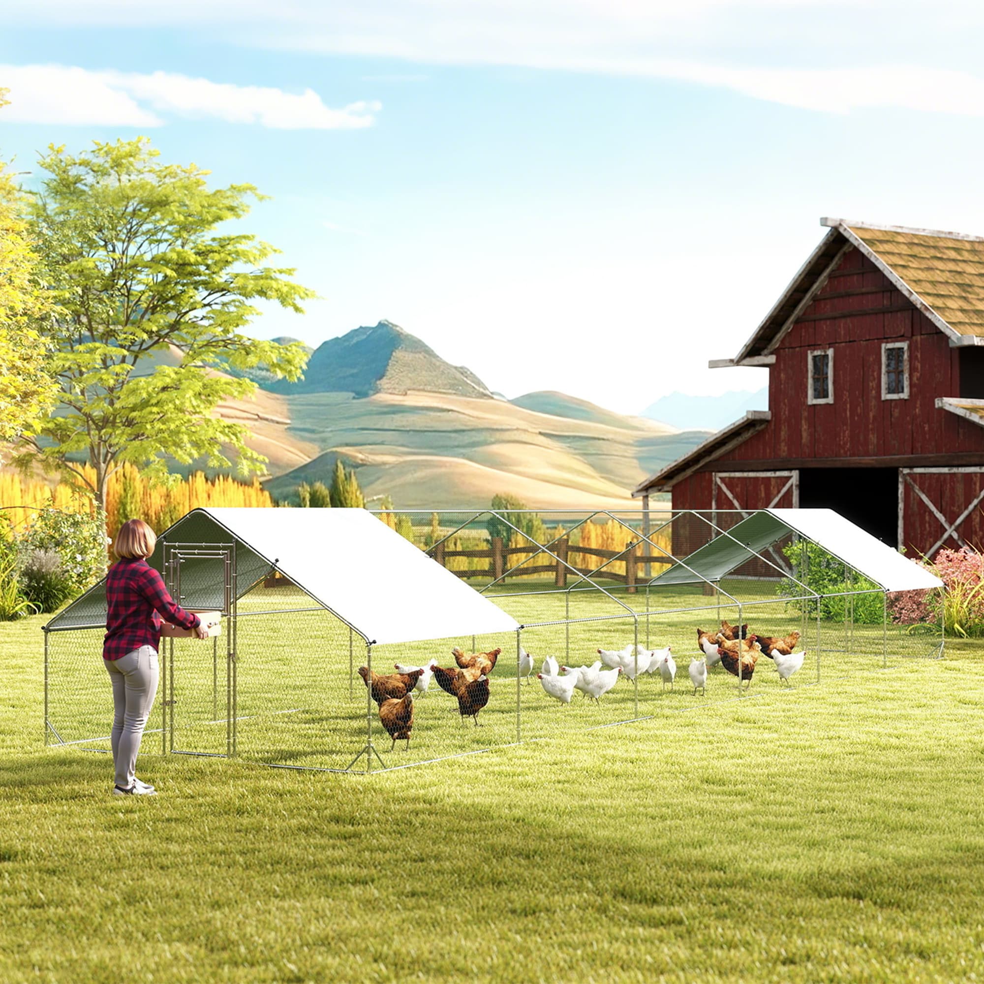  Large Chicken Coop with Waterproof and Anti-UV Cover, Spire Shaped for Outdoor and Yard Farm Use, 39' x 10' x 6.4'
