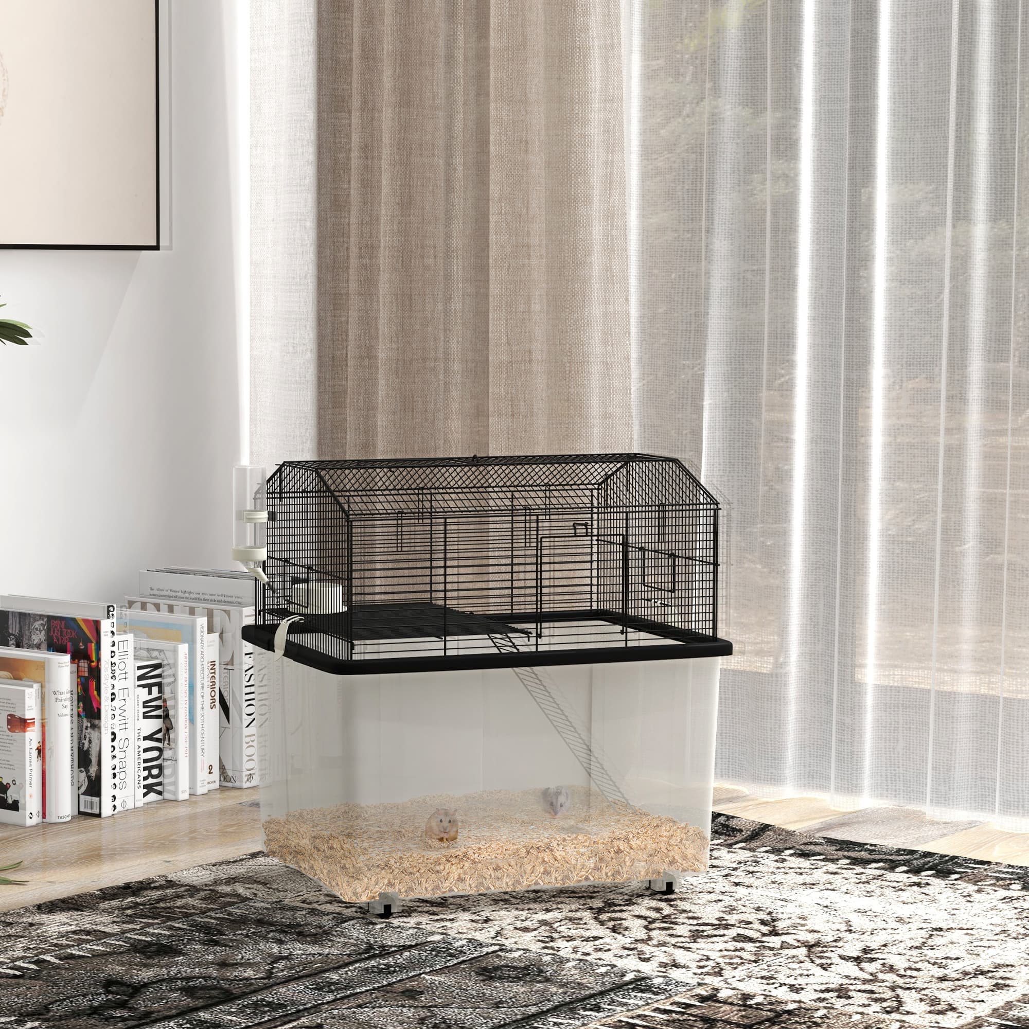  22" 2-Tier Hamster Cage with Extra-Deep 14" Base, Small Animal Cage with Ramp, Water Bottle, Food Dish, Wheels, Black