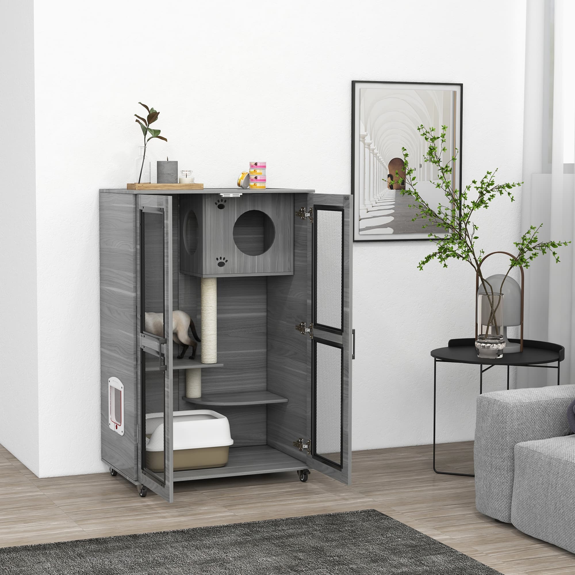  Cat Tree House with Scratching Post and Wheels, Gray