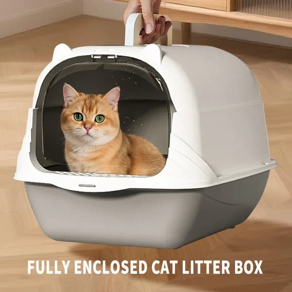 2026 Top Rated Fully Enclosed Cat Litter Box, Gray - Odor-Locking, Portable With Scoop & Litter Mat