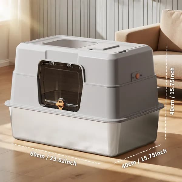 Thick Stainless Steel Fully Enclosed Grey Cat Toilet, Sturdy, Bite Proof, Leak Proof, Providing Greater Comfort For Cats In Large Spaces