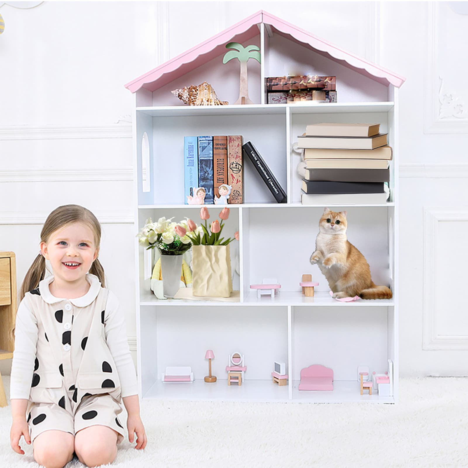 Wooden Kids Bookcase 4 Tier Organizer Toys And Books Storage Cabinet For Bedroom Playroom