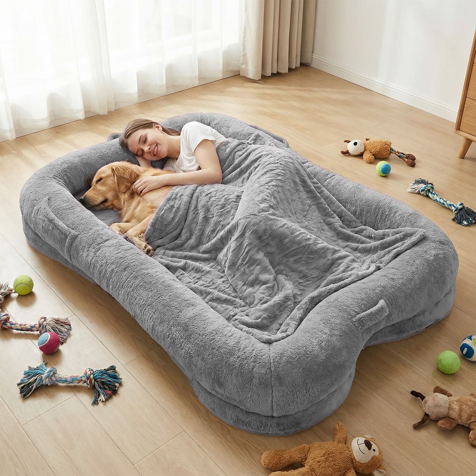 Human Dog Bed Washable Large Size Non Slip Bottom Comfortable Plush Giant Size Dog Bed With Blanket And Pocket For Home