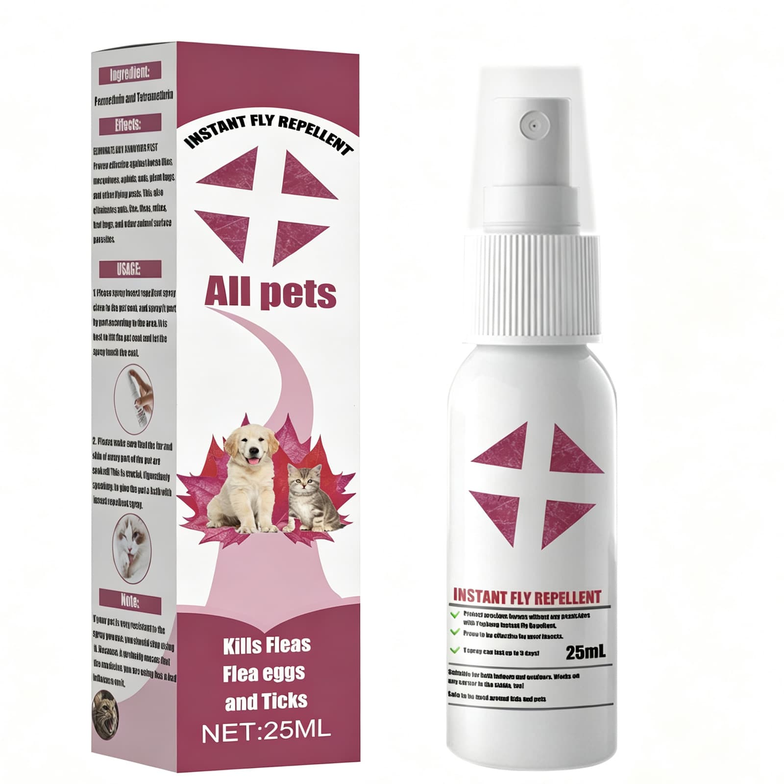 Pet Instant Fly & Pest Repellent Spray 25ml, Kills Fleas, Ticks, Flea Eggs, Safe For Dogs, Cats & Horses