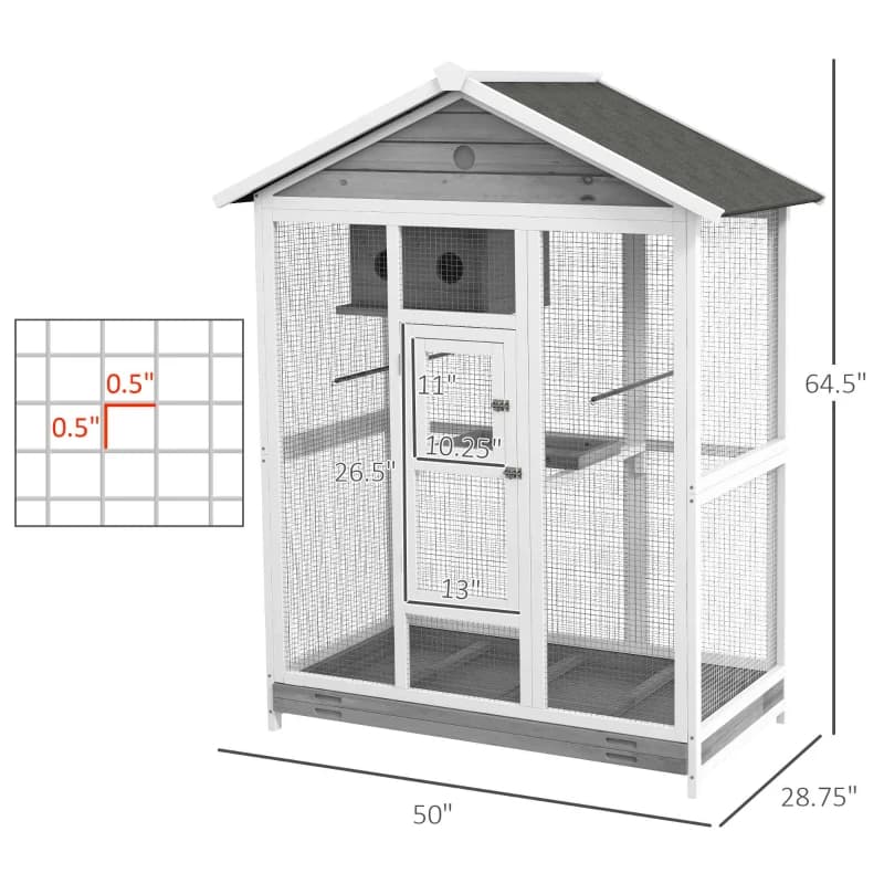 PawHut 64.5 Wooden Bird Cage Aviary, Flight Cage With 4 Perches, Nest And Slide-Out Tray For Indoor Outdoor, Gray
