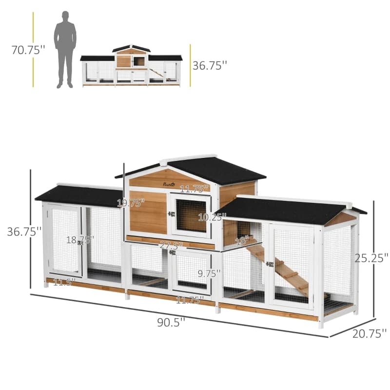 Wooden Rabbit Hutch Bunny Cage Pet Playpen House Enclosure With Double Side Run Boxes, No Leak Tray, Ramp, For Rabbits, Chickens, Ducks, Guinea Pig And Small Animals, White