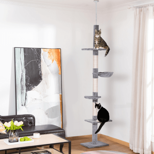PawHut 9' Adjustable Height Floor-To-Ceiling Vertical Cat Tree - Grey And White