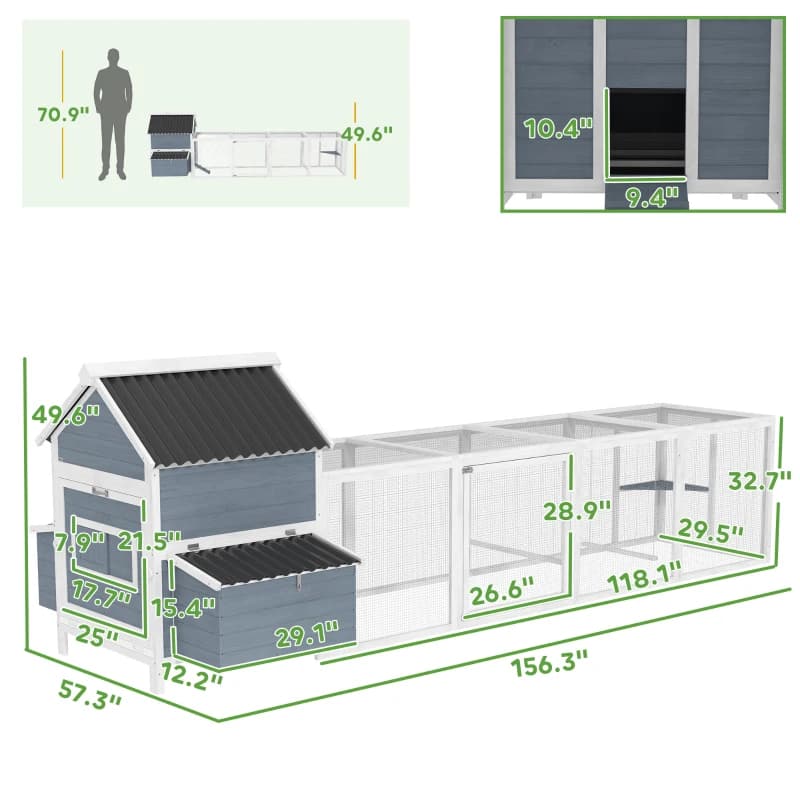 156Extra Large Wooden Chicken Coop With 2 Nesting Box, Run Cage, Waterproof Wave Roof, For 10-15 Chickens, Light Gray