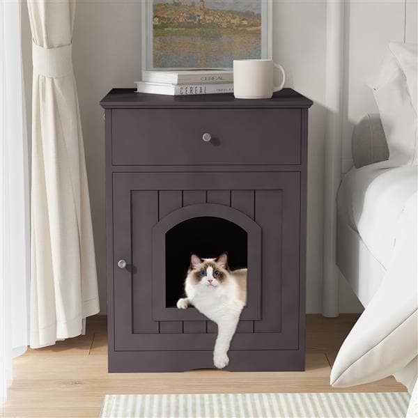 Wooden Pet House Cat Litter Box Enclosure With Drawer, Side Table, Indoor Pet Crate, Cat Home Nightstand Brown