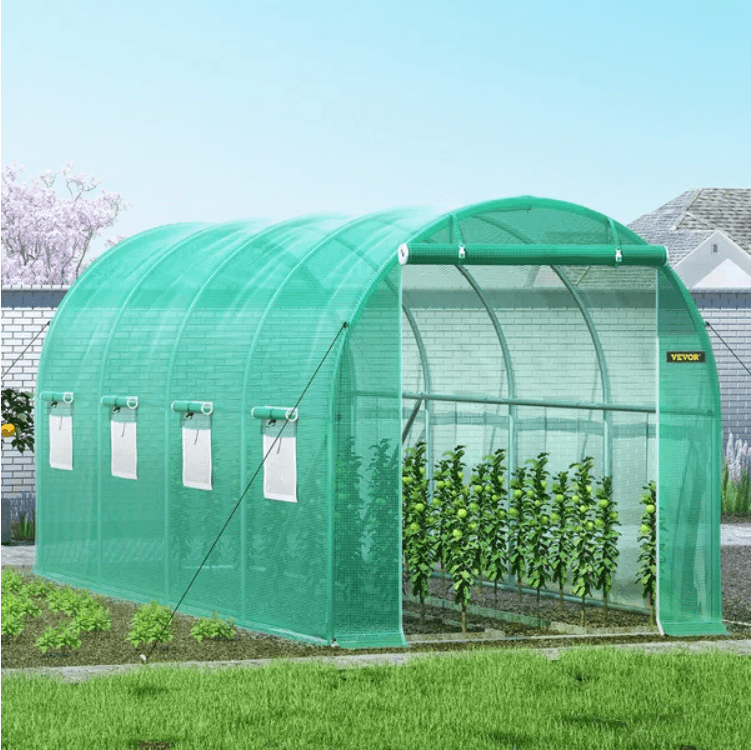 VEVOR Walk-in Tunnel Greenhouse, 14.8 X 6.6 X 6.6 Ft Portable Plant Hot House W  Galvanized Steel Hoops, 1 Top Beam, Diagonal Poles, Zippered Door   8 Roll-up Windows, Green