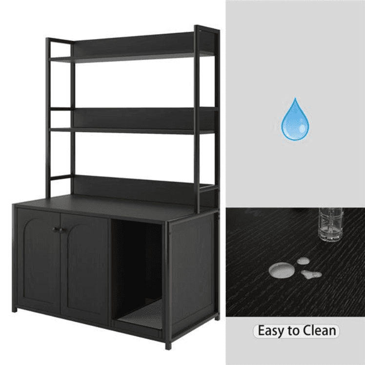Large Cat Litter Box Enclosure With Shelf Storage, Hidden Cat Washroom Furniture, Wooden Cat House With Scratch Pad, Sturdy Indoor Cat Cabinet With 2 Doors Black