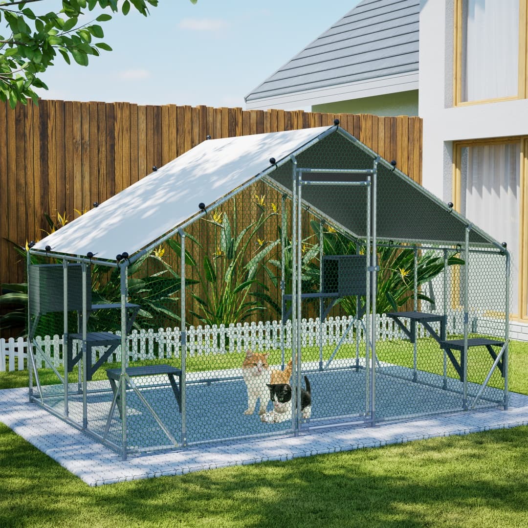 Extra Sturdy 3x2m Outdoor Metal Cat Cage -DIY Solid Wood Platform, Double Safety Lock & Enhanced Stability, Multi-Pet Use, Waterproof Tarp Included