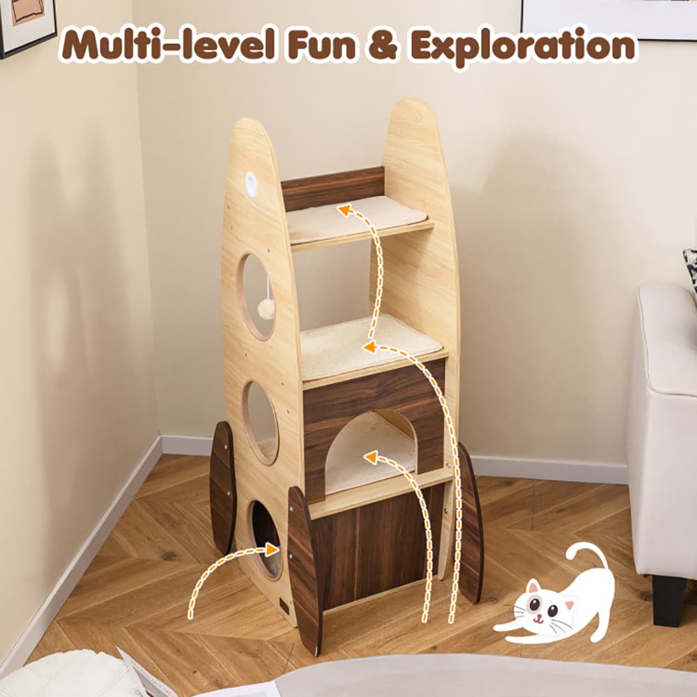 Rocket Cat Tree 47 Inch Large Wooden Cat Tower For Indoor Cats Sisal Scratching Pad Detachable Scratching Mat
