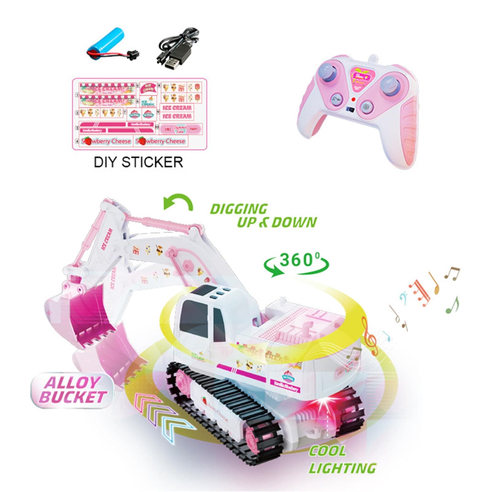 Pink Remote Control Excavator Toy Rechargeable Tracked Construction Vehicle With Lights And Music Suitable For Girls And Children Ages 3 And Up,Pickup Only