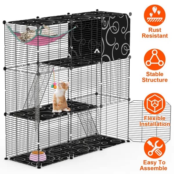3-Tier Cat Cage Enclosure Indoor Cat Cage Playpen With Hammock Toy Ball Ladder DIY Iron Wire Cat House Kennels Crate For 1-2 Cats Ferret Rabbit Small Animals