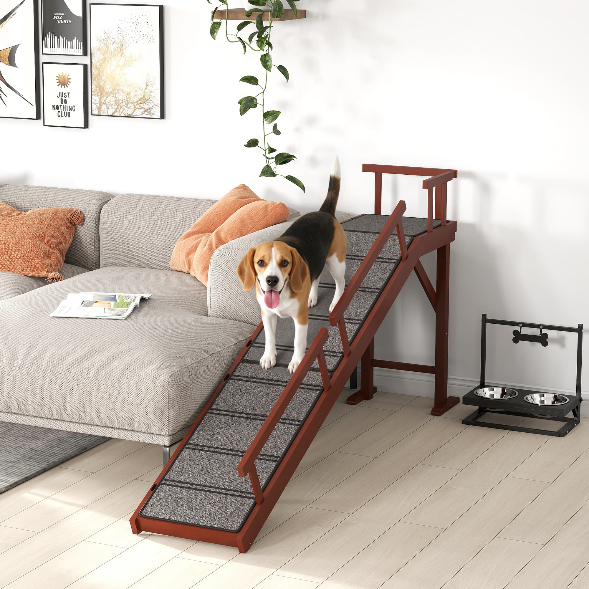 Wooden Dog Ramp with Removable Guardrails, Non-Slip Surface, 70.5" Long, Brown