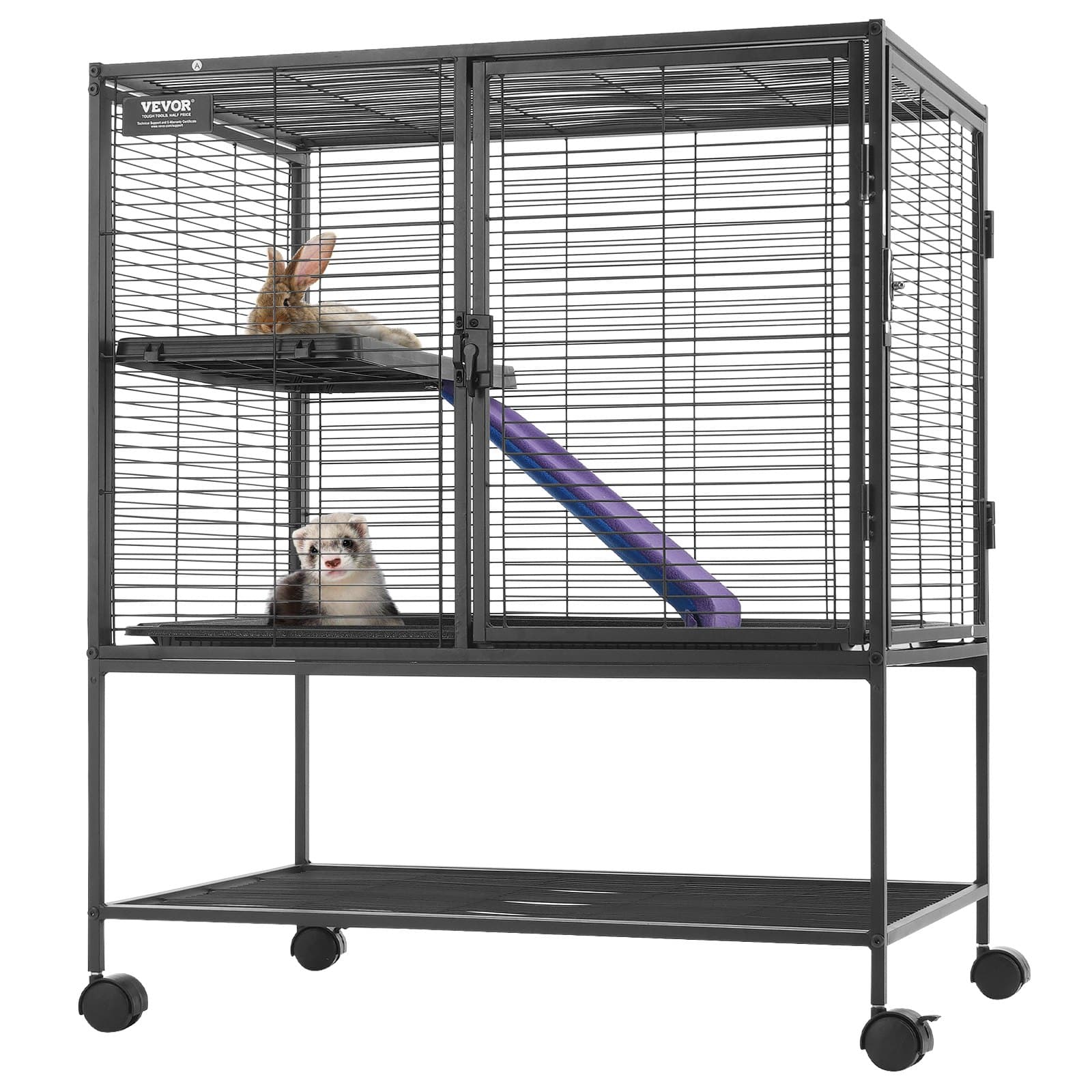 36' Metal Small Animal Cage 2-Tier Rolling Ferret Cage With Tray A Ramp