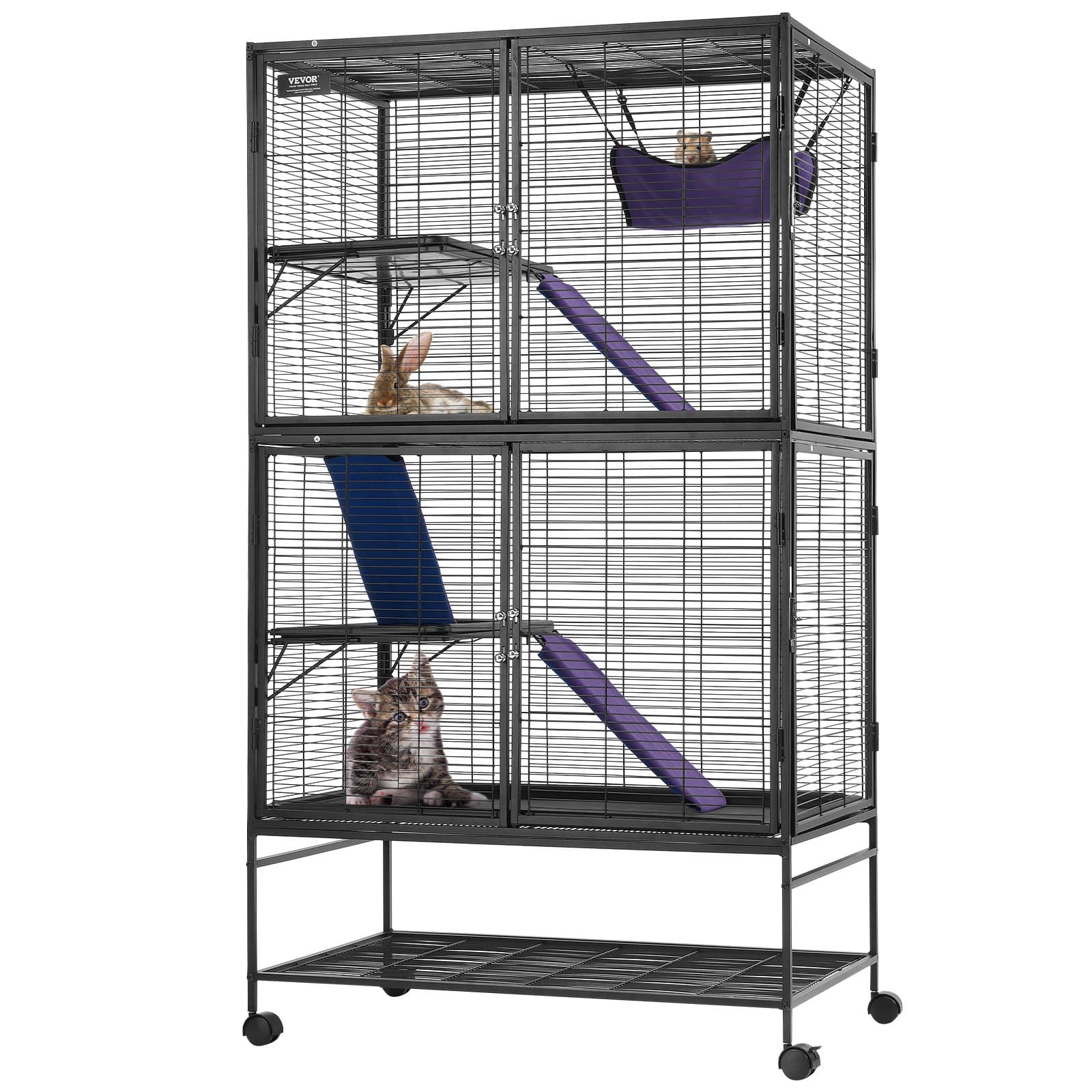 64.6' Metal Small Animal Cage 4-Tier Rolling Ferret Cage With Tray 3 Ramps