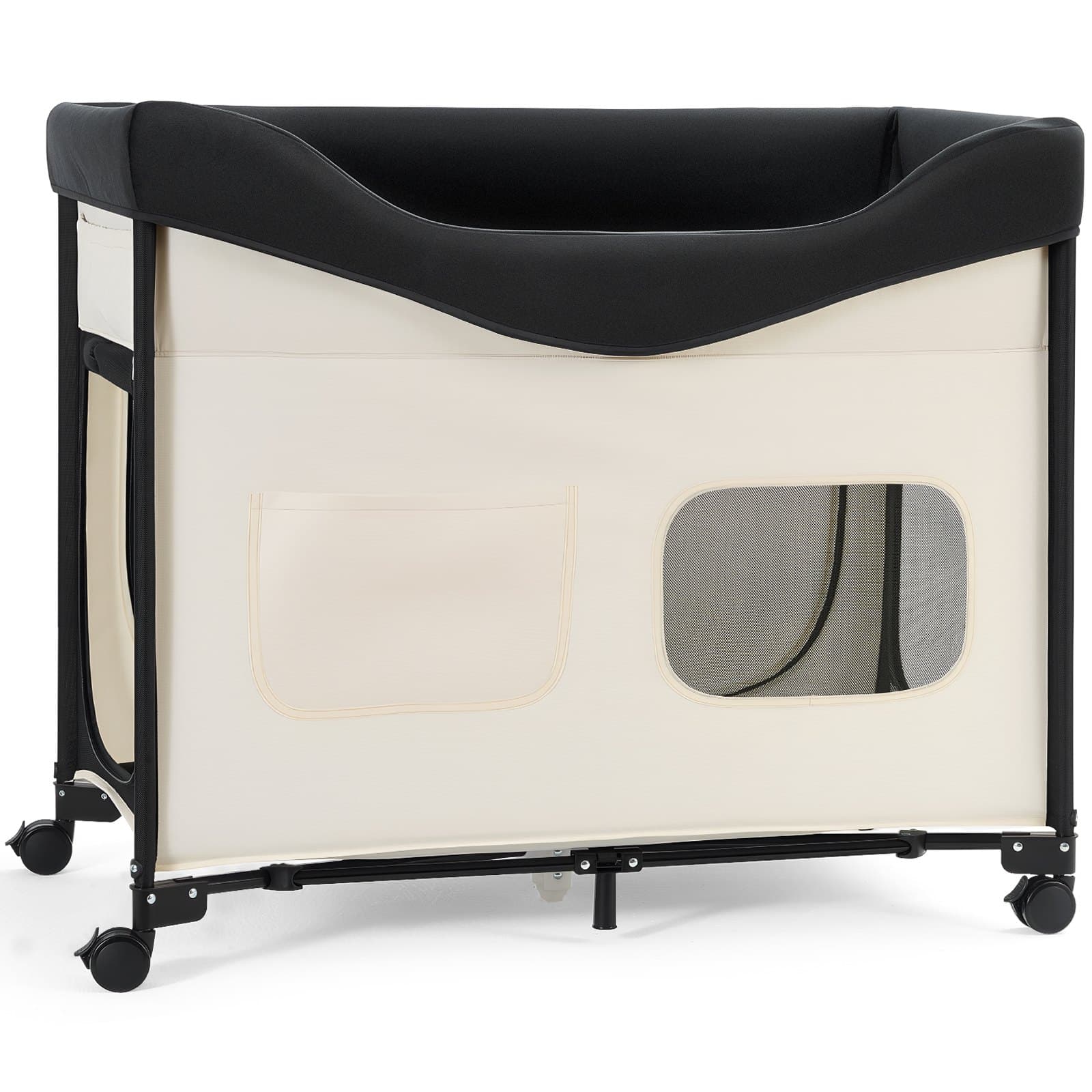 Elevated Lounge Pet Bed, Foldable Bunk Dog Bed With 600D Oxford Cloth And Dutch Velvet, Portable Raised Cot With Wheels, Side Storage Bags, And Carry Bag For Cats & Dogs, XL, Beige