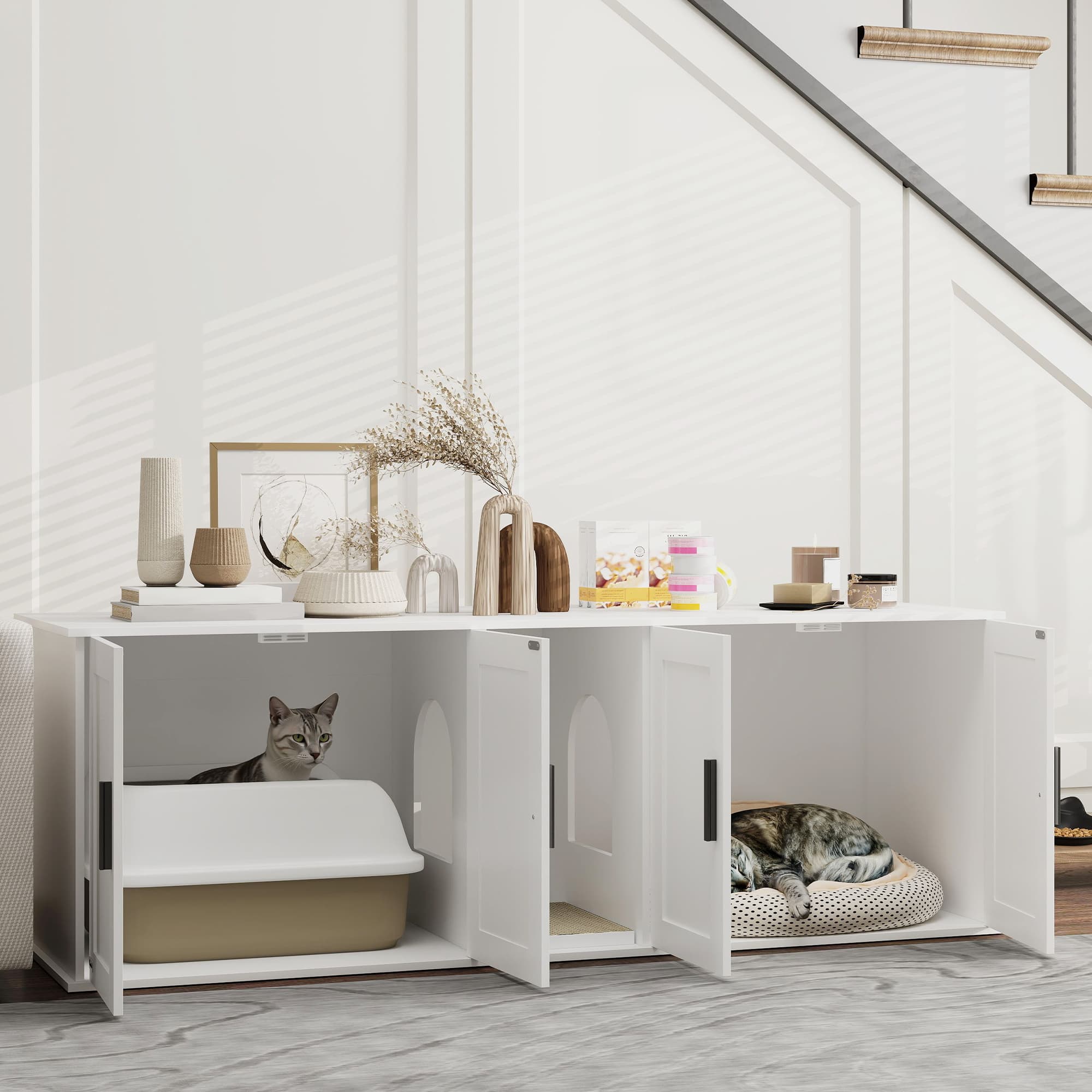 Cat Litter Box Enclosure with Double Room, Scratching Mat for 2 Cats, 57" x 19" x 20", White
