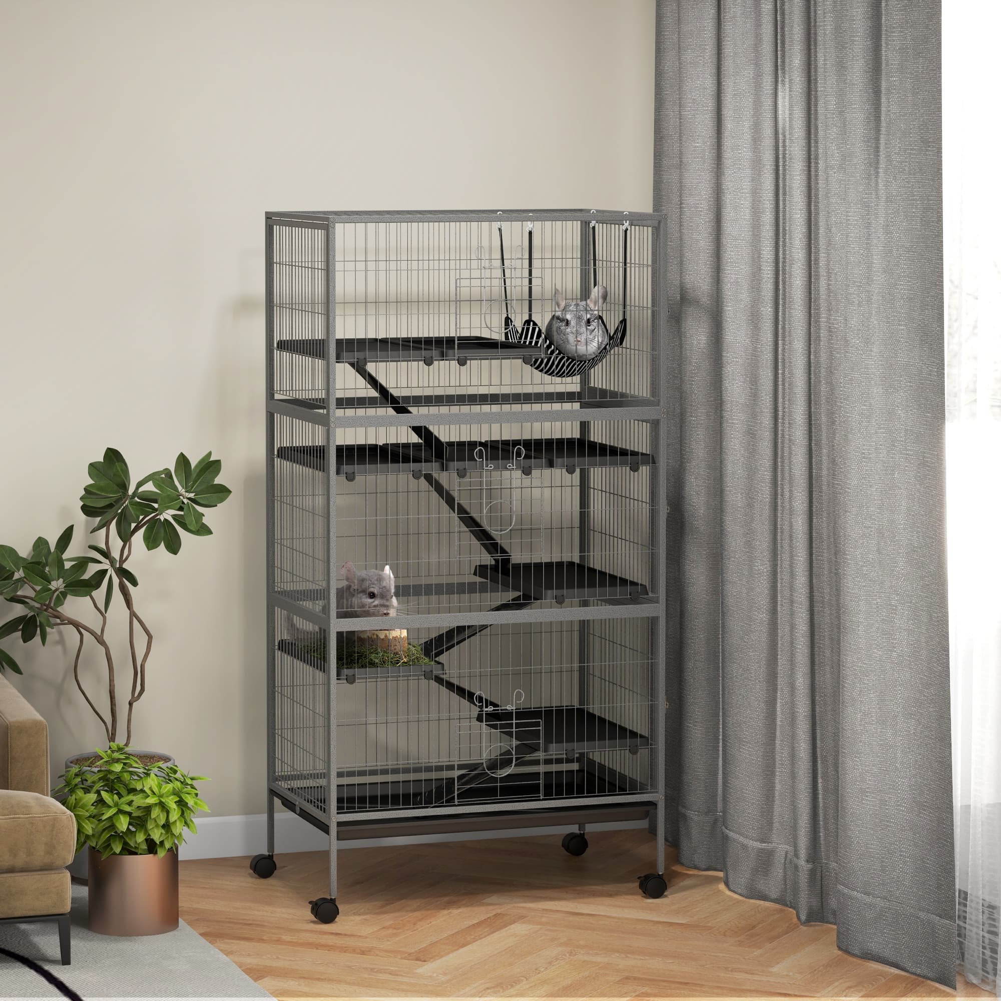 63" H Rolling Small Animal Cage with Hammock, Ferret Cage, Chinchilla Cage, Pet Habitat with 6 Doors, Removable Tray