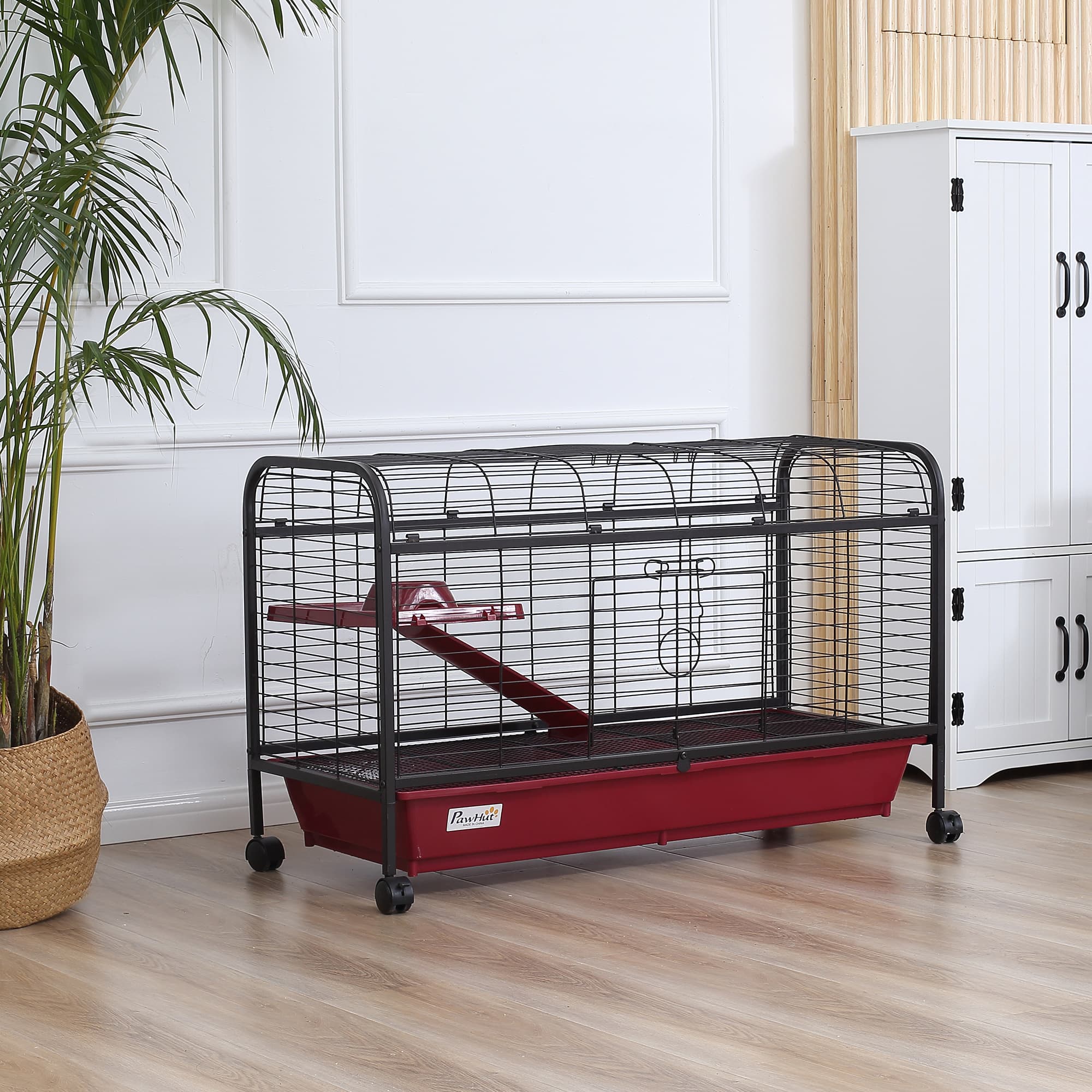 41"L Small Animal Cage, Pet Play House for Rabbit Hutch Ferret with Feeder, Rolling Wheels, Platform, Ramp