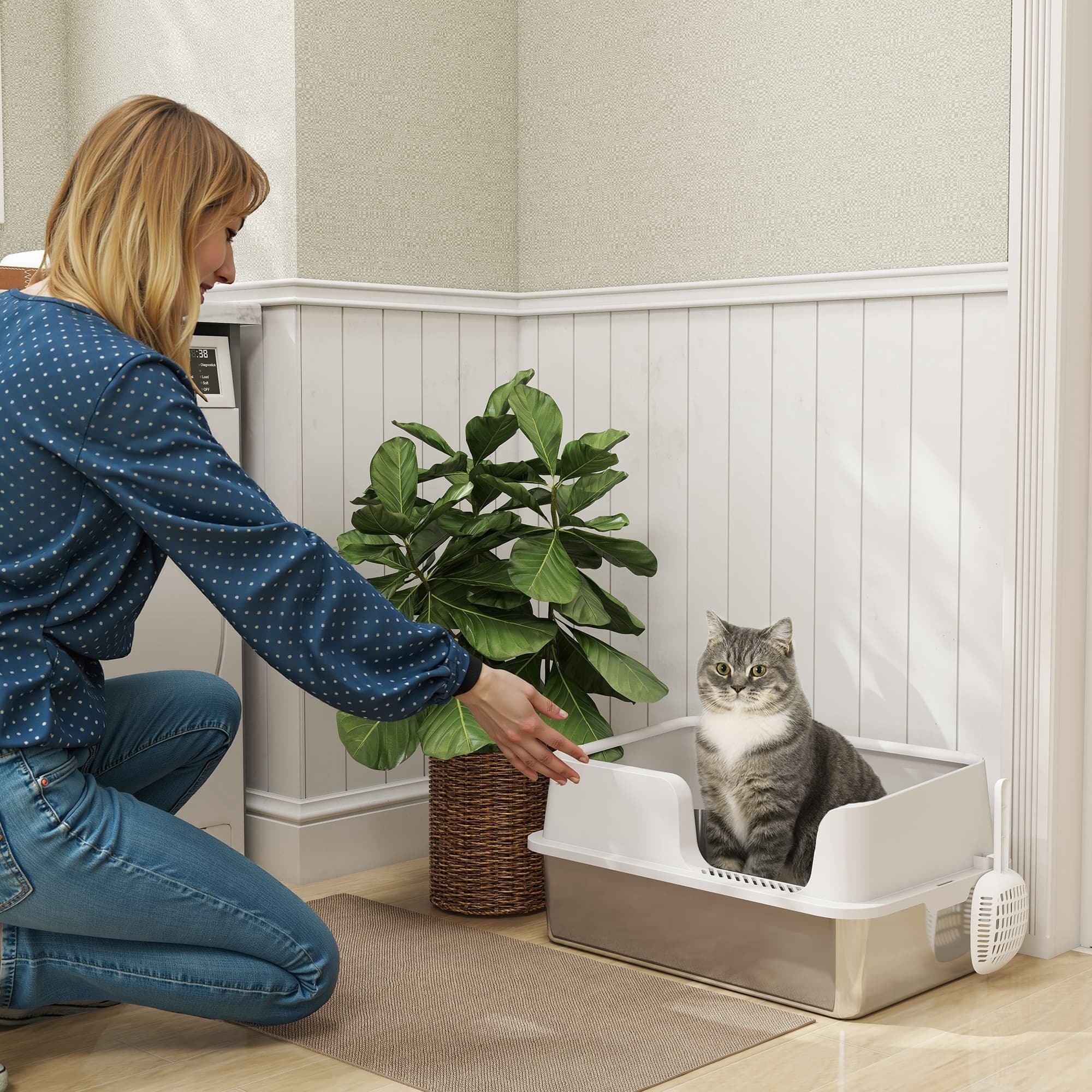 Stainless Steel Litter Box with High Side, Scoop, Easy Cleaning & Anti-Urine Leakage, for Big Cats, Light Gray