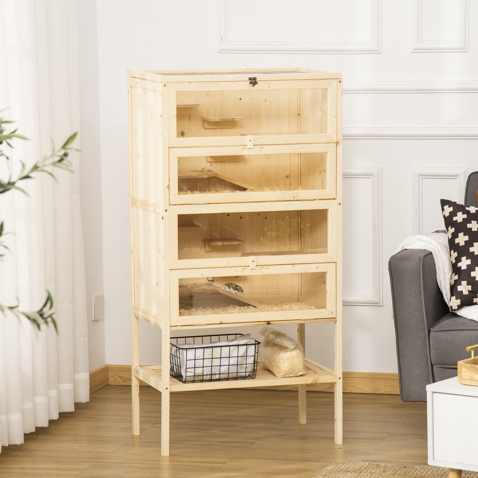 5-Tier Wooden Hamster Cage Mice Habitat Rat Habitat with Openable Top, Front Door and Storage Shelf