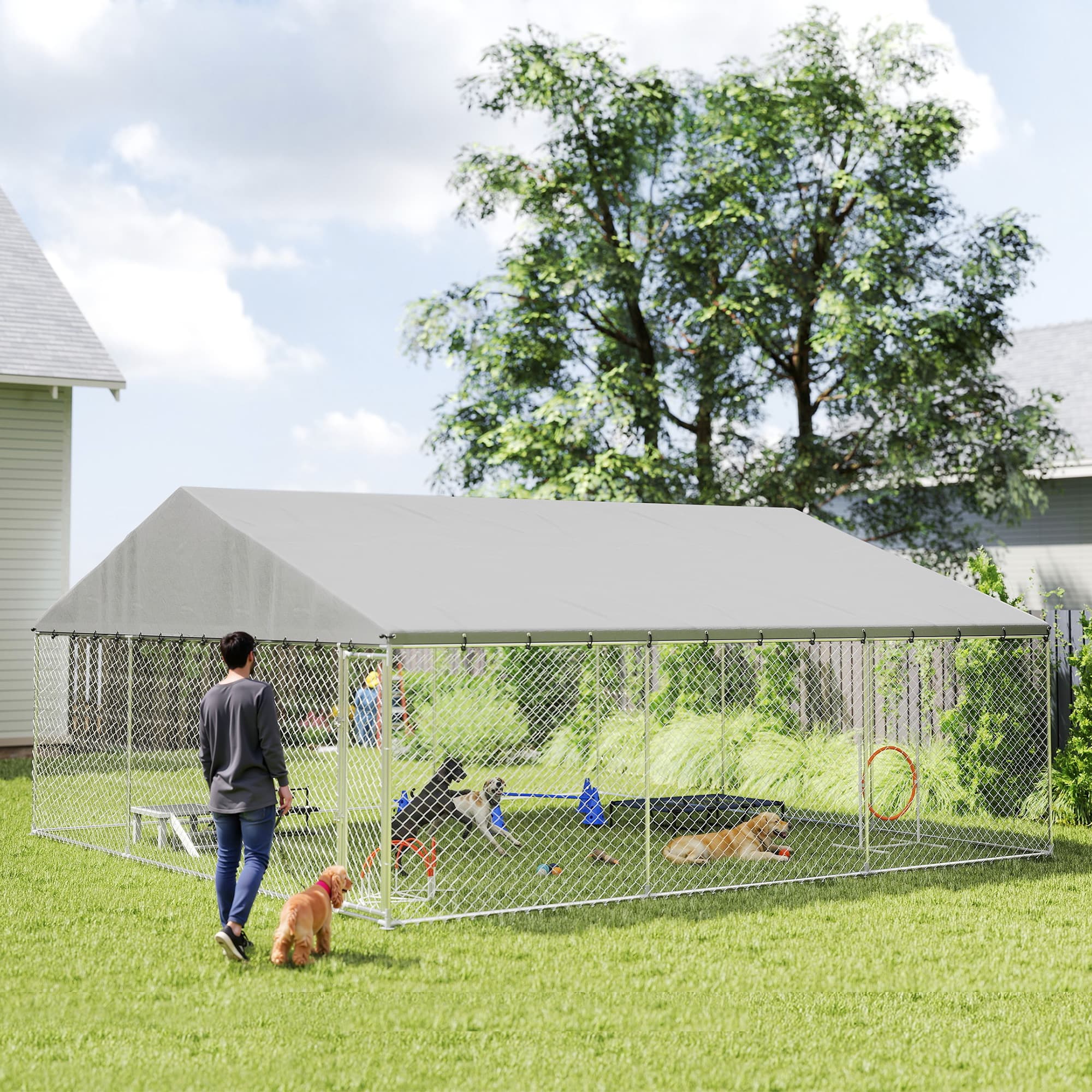 Heavy Duty Outdoor Dog Kennel with Waterproof Roof, Secure Latch, Chain Link Dog Run for Backyard, 19.7' x 19.7' x 8.9'