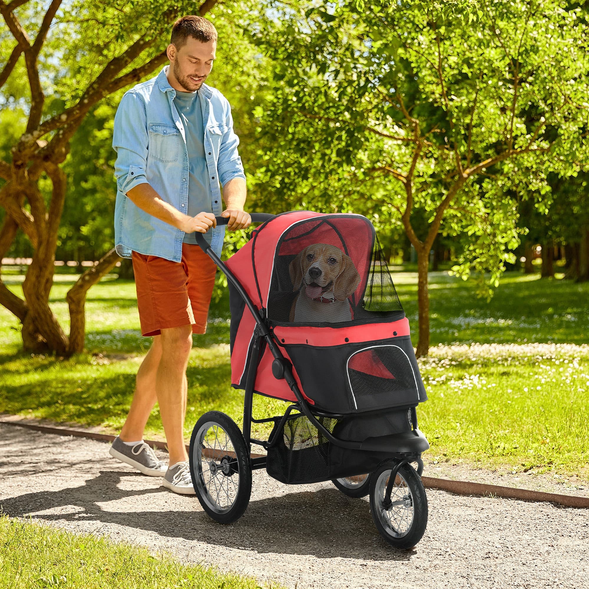 3 Wheels Pet Stroller for Small Dogs and Medium Dogs with Adjustable Canopy, Safety Tether, Storage Basket, Red