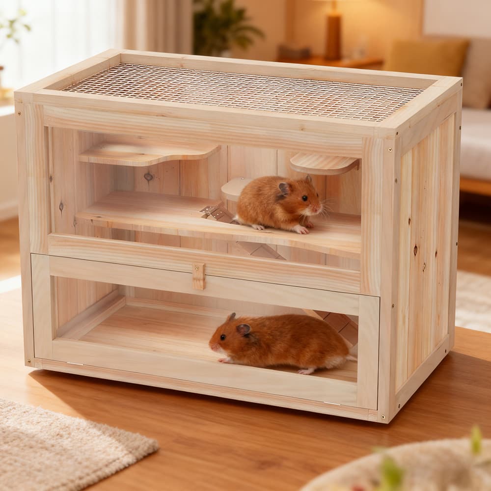 2-Level Hamster Cage Mice And Rat House, With Openable Top, Front Door, Shelf And Ladder For Hamsters, Mice And Other Small Rodents Ramps