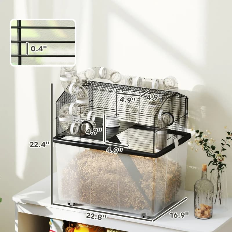 2 Tier Hamster Cage With 12 Deep Tray, Tube System, Water Bottle, Ramp, Feeding Bowl, Black