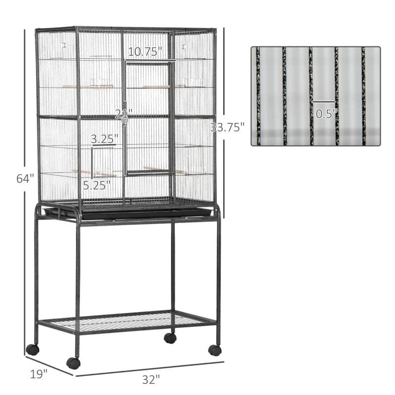Rolling Metal Bird Cage Feeder With Detachable Rolling Stand, Storage Shelf, Wood Perch & Food Container