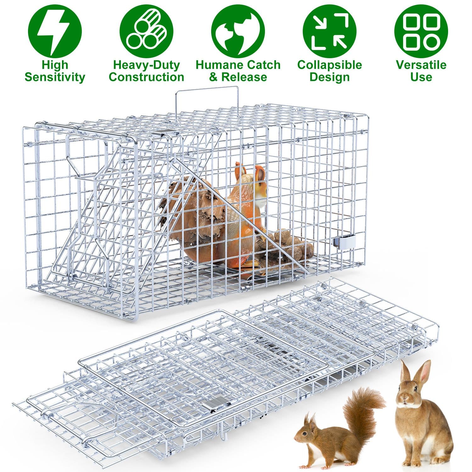 2Pcs 18x8x10In Humane Single Door Live Animal Trap For Spring Summer Collapsible Galvanized Iron Animal Cage Catch And Release For Small Squirrel Raccoon Feral Cat Weasel Armadillo Opossum