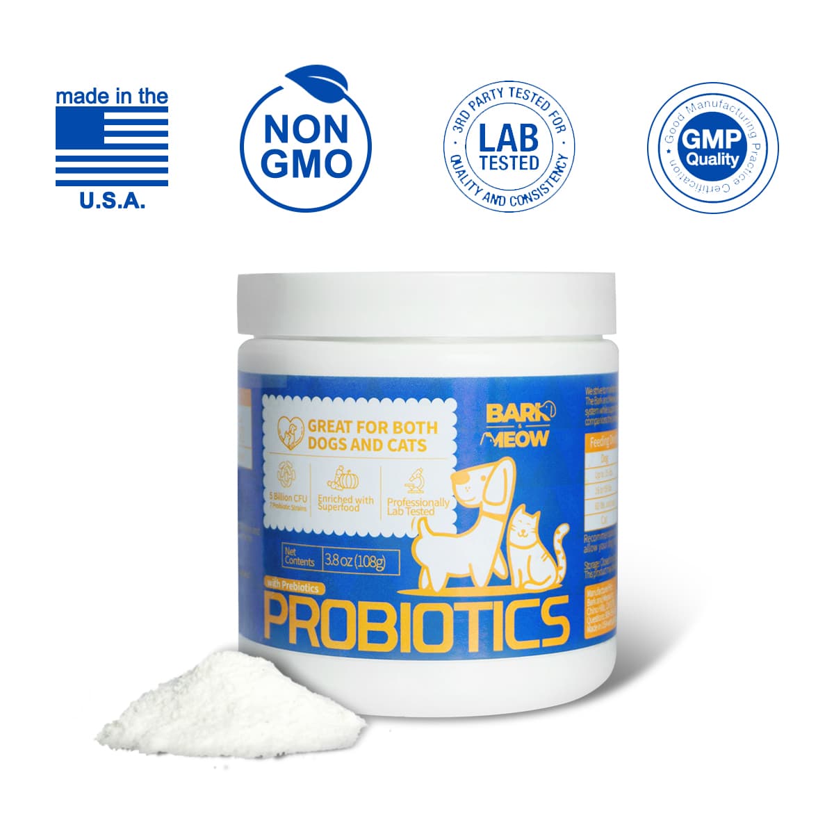 Bark And Meow Probiotics For Dogs & Cats 7 Tailored Strains Prebiotics, Pumpkin & Carrot 5 Billion CFU Scoop Human-Grade, Non-GMO, Vet-Approved, Made In USA, Gut & Immune Support