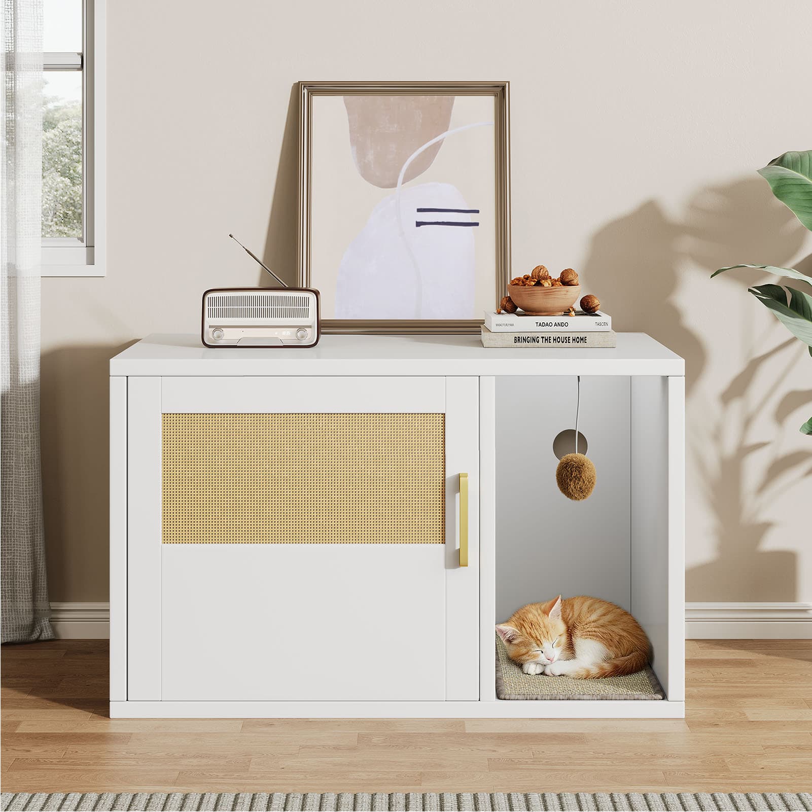 Cat Litter Box Cabinet Multifunctional White Modern Cat House Washroom End Table For Bedroom Living Room