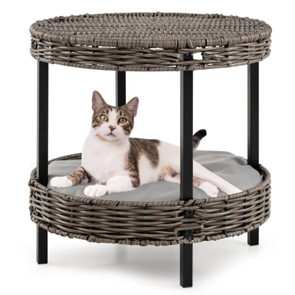 2-Tier Rattan Cat Bed - Washable Padded Cushion, Metal Legs 66 Lbs Total Capacity, Gray Finish