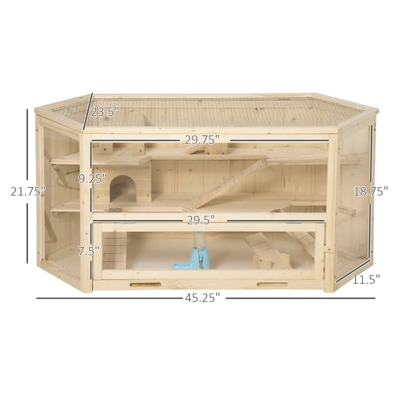 Wooden Large Hamster Cage Small Animal Exercise Play House 3 Tier With Tray, Seesaws, Water Bottle, Activity Center, Natural