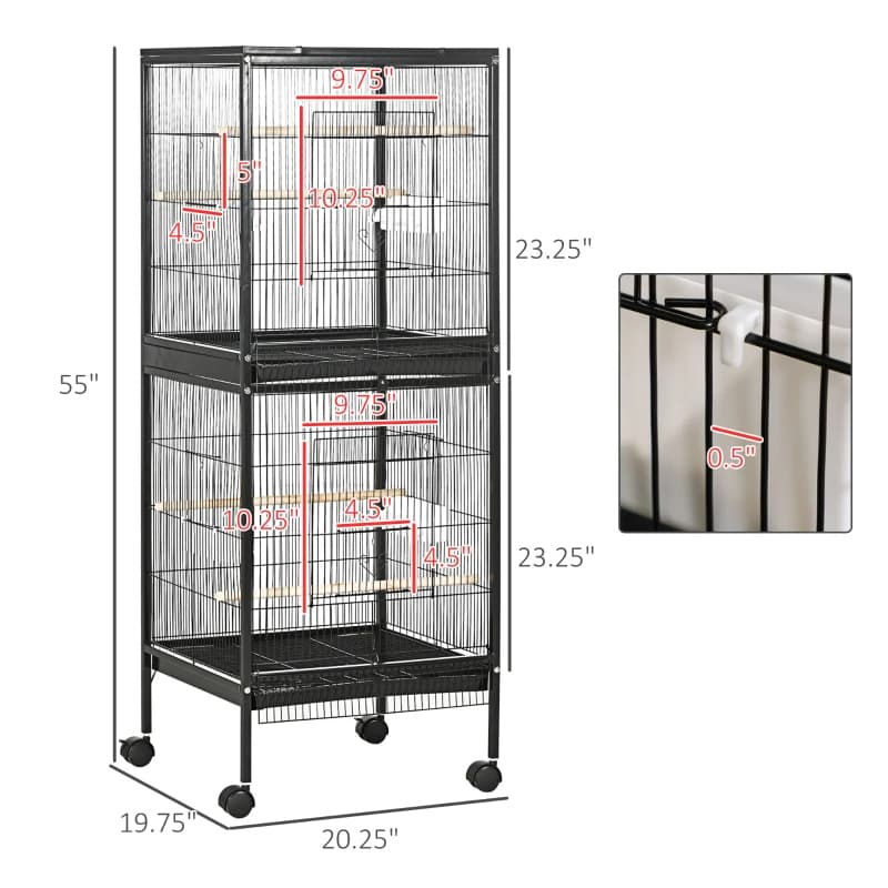 2 In 1 Bird Cage Aviary Parakeet House For Finches, Budgies With Wheels, Black