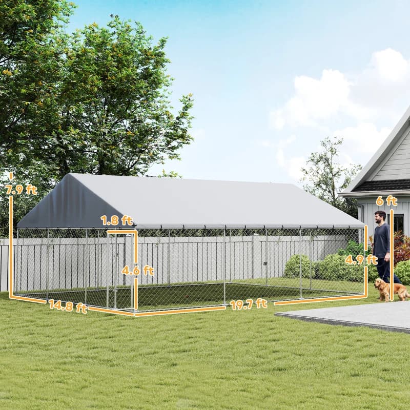 Heavy Duty Outdoor Dog Kennel With Waterproof Roof, 2 Secure Latches, Chain Link Dog Run For Backyard, 20' X 15' X 8'